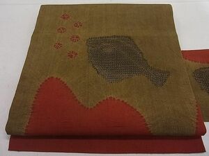 平和屋1■九寸名古屋帯　紬地　絞り　スワトウ刺繍　ヒラメ　逸品　CAAA2886ut