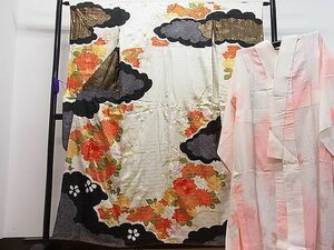 平和屋1■豪華振袖・長襦袢セット　駒刺繍　絞り　雲重ね吉祥草花文　金彩　逸品　ua7051