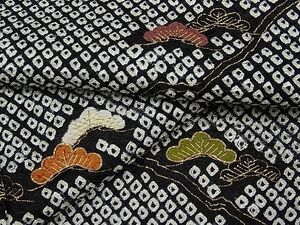 平和屋1■訪問着　駒刺繍　絞り　枝松文　黒地　金彩　逸品　未使用　CAAA3177tx