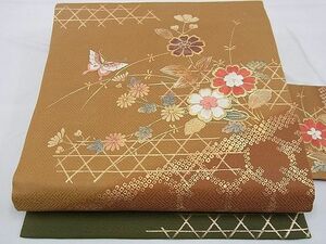 平和屋野田店■九寸名古屋帯　刺繍　籠目花蝶文　金彩　逸品　n-kg6049