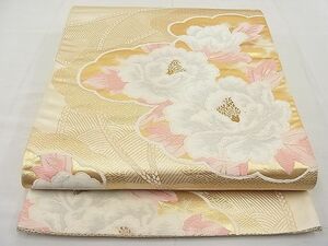 平和屋野田店■六通柄袋帯　唐織　雲取吉祥牡丹文　金糸　逸品　n-rc0614