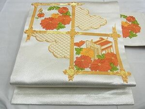 平和屋野田店■九寸名古屋帯　総刺繍　駒刺繍　格天井花文　金銀糸　逸品　n-te1726