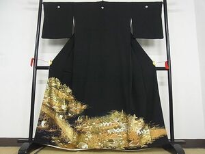 平和屋-こころ店■豪華黒留袖　渡り橋人物風景文　金彩　着丈159.5cm　裄丈66cm　正絹　逸品　1B-wt2334