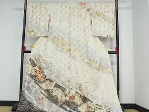 平和屋-こころ店■訪問着　刺繍　花蝶扇文　暈し染め　金銀彩　正絹　逸品　未使用　AAAC0483Acs