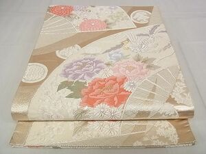 平和屋-こころ店■六通柄袋帯　唐織　扇面花鳥文　金銀糸　正絹　逸品　AAAC1552Apf