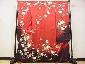 平和屋-こころ店■豪華振袖　駒刺繍　更紗花蝶文　暈し染め　金彩　正絹　逸品　A-ta9212