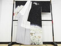 平和屋-こころ店■極上 友禅作家 茂野大生 訪問着・袋帯セット 雪景色 雪ん子 黒地 鬼しぼ縮緬 着丈161cm 裄丈67cm 正絹 逸品 4kk0173_画像2