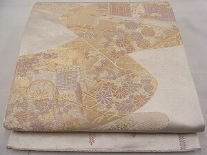 平和屋川間店■六通柄袋帯　唐織　御所車風景花絵巻　金糸　逸品　n-pk2613