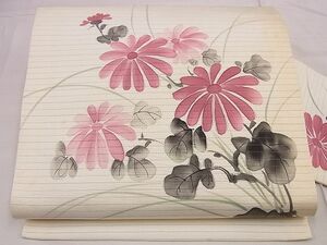 平和屋川間店■夏物　絽塩瀬　九寸名古屋帯　作家物　手描き　菊　逸品　n-hj5447