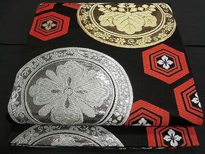 平和屋川間店■六通柄袋帯　唐織　亀甲花丸文　黒地　金銀糸　逸品　ch2345