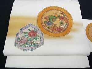 平和屋川間店■塩瀬　九寸名古屋帯　手描き　花鳥絵皿文　金彩　正絹　逸品　A-uw2081