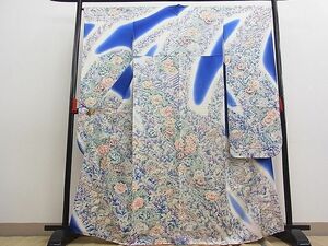 平和屋川間店■豪華振袖　手描き　流水花尽くし　暈し染め　銀彩　逸品　n-fw3311