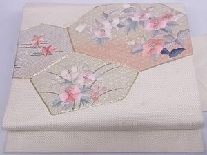 平和屋川間店■九寸名古屋帯　駒刺繍　氷割れ草花文　銀糸　正絹　逸品　A-br5798