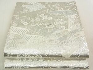 平和屋2■六通柄袋帯　地紙花鳥文　プラチナ銀箔二重織　逸品　DAAA3047rt