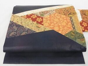 平和屋-こころ店■九寸名古屋帯　切り嵌め　更紗花文　金糸　正絹　逸品　B-fw2558