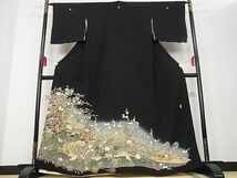 平和屋-こころ店■豪華黒留袖　作家物　花鳥文　暈し染め　着丈164cm　裄丈63.5cm　正絹　逸品　AAAC2268Aja_画像1