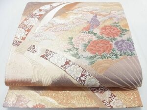 平和屋2■六通柄袋帯　唐織　扇面孔雀文　金糸　逸品　DAAA9173ox