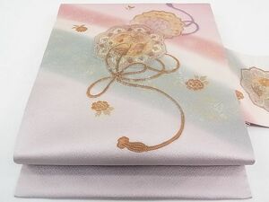 平和屋1■九寸名古屋帯　趣の帯　スワトウ相良刺繍　鏡裏花文　銀通し地　逸品　CAAC7512rv