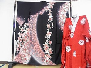  flat peace shop 2# gorgeous long-sleeved kimono * long kimono-like garment (.) set Mai flower writing black metal . silver through . ground excellent article DAAB5431wb