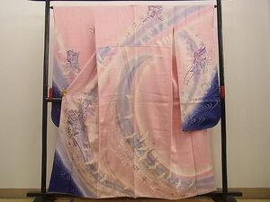 平和屋野田店■豪華振袖　御所車飛鶴花文　暈し染め　金彩　逸品　n-xi1904