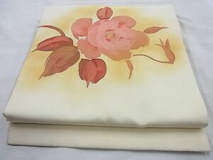 平和屋野田店■塩瀬　九寸開き名古屋帯　手描き　薔薇　金彩　逸品　n-te1854