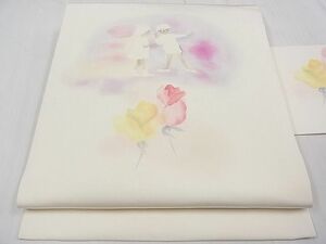 平和屋1■塩瀬　九寸名古屋帯　手描き　童子　薔薇　逸品　CAAA6774tx