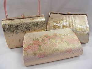 平和屋1■和装小物　和装バッグまとめて３点　ハンドバッグ　舞桜　色紙花文　金銀糸　未使用あり　逸品　CAAA9171dx