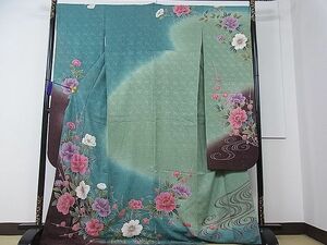  flat peace shop 1# gorgeous long-sleeved kimono . water branch flower writing .. dyeing gold paint excellent article CAAA7395ua