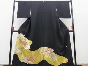 平和屋野田店■豪華黒留袖　作家物　相良刺繍　地紙重ね御所車花文　金彩　逸品　n-gt4038