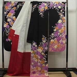 平和屋1■豪華振袖・長襦袢セット 駒刺繍 牡丹花文 暈し染め 黒地 金彩 半衿刺繍 逸品 CAAA9147hyの画像4