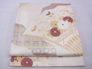 平和屋野田店■六通柄袋帯　カロあり　扇面花鳥文　金糸　逸品　n-xi0418