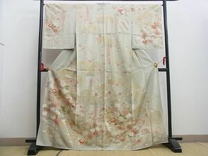 平和屋野田店■訪問着　駒刺繍　立波草花文　たたき染め　金彩　逸品　n-ar4399