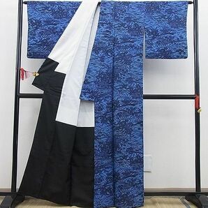 平和屋野田店■小紋 藍 型染め 鴛鴦流水花文 洗える着物 n-gh5934の画像3