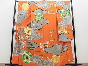 平和屋野田店■豪華振袖　金駒刺繍　雲取り鹿の子源氏車文　金彩　逸品　n-gt4061