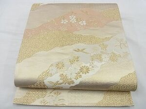 平和屋野田店■六通柄袋帯　唐織　道長草花文　金糸　逸品　n-te1935