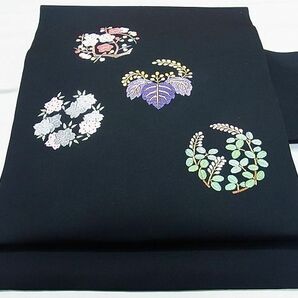 平和屋1■塩瀬 九寸名古屋帯 総刺繍 草花丸文 黒地 金糸 逸品 CAAC0146inの画像1