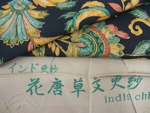 平和屋野田店■上質な小紋　インド更紗　花唐草文更紗　濃紺地　反端付き　逸品　n-ac0215