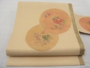 平和屋野田店■九寸名古屋帯　刺繍　花鳥丸文　金彩　逸品　n-rc0704