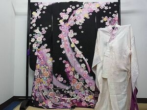 平和屋1■豪華振袖・長襦袢セット　駒刺繍　熨斗舞花文　暈し染め　黒地　金通し地　半衿刺繍　逸品　CAAA8348gh