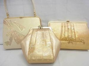 平和屋2■和装小物　和装バッグまとめて3点　束ね熨斗扇面花文　金糸　逸品　DAAA2605ma