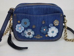 COACH/コーチ☆カメラバッグ ウィズティーローズ デニム素材 フラワー 斜め掛け ショルダーバッグ レディース 68224