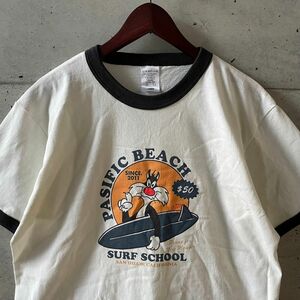 パシフィックビーチ　スクールロゴ　リンガー　Tシャツ　アメリカ　キャラ 半袖 古着