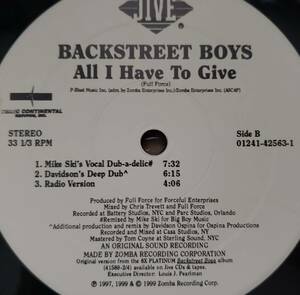 [古12inch] Backstreet Boys - All I Have To Give Remixes / Promo / Davidson Ospina / Soul Solution / Mike Ski / 1999 US