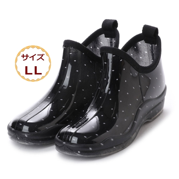 レディース ショート ガーデニング シューズ ブーツ レイン 長靴 雨靴 清掃 洗車 黒 ブラック ドット 16029-blk-dot-LL ( 24.5 - 25.0cm )