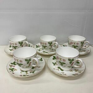 W308-C4-1407 WEDGWOOD ウェッジウッド WILD STRAWBERRY ワイルドストロベリー カップ&ソーサー 5客 セット 洋食器 金彩 茶器 まとめ ④