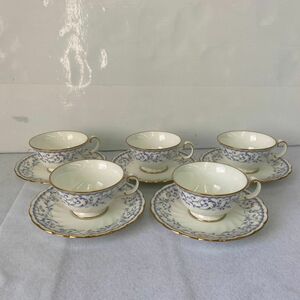 U347-K18-4753 Noritake ノリタケ 9976 NINFA LAGUNA ニンファラグーナ カップ&ソーサー 5客セット ホワイト×ブルー系 花柄 金彩 ④