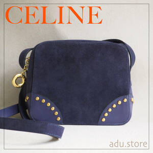 美品★ オールド セリーヌ CELINE ビンテージ サークル スエード スタッズ ショルダーバッグ パープル ゴールド ヴィンテージ ブランド