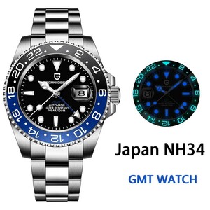 新品 自動巻 黒青 GMT SEIKO NH34 メンズ腕時計 機械式 回転ベゼル サファイア風防 裏スケ 