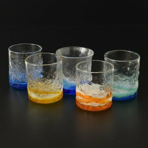 ◎507907 琉球ガラス ロックグラス 5客セット 気泡入 吹きガラス 焼酎グラス タンブラー