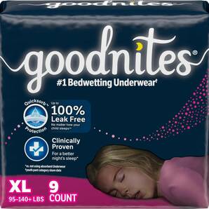 【リニューアル品】【海外の紙おむつ】Goodnites XL(43-64kg) 女の子用 9枚(1パック)【新品未開封】の画像5